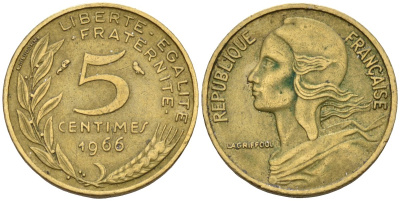 Франция 5 сантимов 1966 KM 933 алюминиевая бронза 4596-647