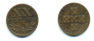 ПОРТУГАЛИЯ 20 СЕНТАВО 1944 KM 584 бронза 4383-233