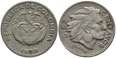 КОЛУМБИЯ 10 СЕНТАВО 1959 КАЛАРКА KM 212.2 медно-никель 4549-624