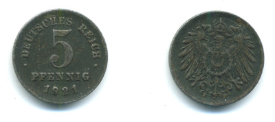ГЕРМАНИЯ 5 ПФЕННИГОВ 1921 F KM 19, J. 297 железо 4383-414