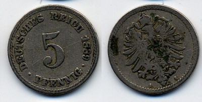 ГЕРМАНИЯ 5 ПФЕННИГОВ 1889 A, СТАРОГЕРБОВКА KM 3, J.3 медно-никель 51-5047
