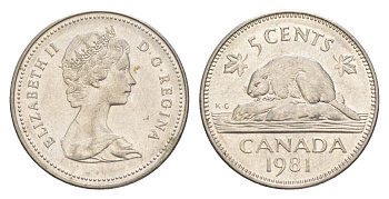 Канада 5 центов 1981 Елизавета II (1952-2022), бобр KM 60.2 никель 4630-729