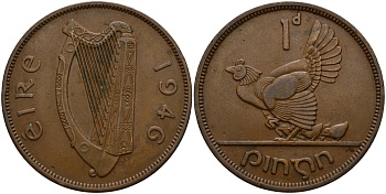 Ирландия 1 пенни 1946 курица с цыплятами KM 11 бронза 4157-1113
