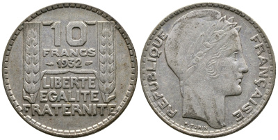 Франция 10 франков 1932 Пьер Тюрен KM 878, Le Franc 360.5 серебро 79-1533