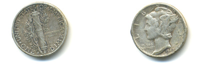 США 10 центов (дайм) D, меркурий (Mercury) KM 140 серебро 89-345