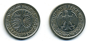 Германия 50 рейхспфеннигов 1927 A KM 49, J. 324 никель 58-147