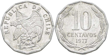 Чили 10 сентаво 1977 KM 205a алюминий 4402-412