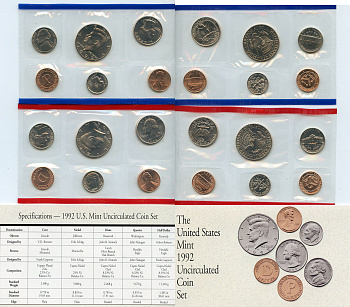 США официальный набор из 10 монет и 2 жетонов 1992 1, 5, 10, 25 и 50 центов, монетные дворы P и D, в оригинальном конверте KM MS 156   UNC  1181-4-06