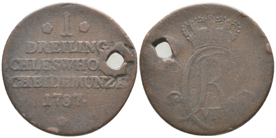 ШЛЕЗВИГ-ГОЛЬШТЕЙН 1 ДРЕЙЛИНГ 1787 КРИСТИАН VII ДАТСКИЙ(1784-1808) KM 1 медь 34-544