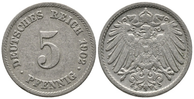 ГЕРМАНИЯ 5 ПФЕННИГОВ 1902 E KM 11, J. 12 медно-никель 39-756
