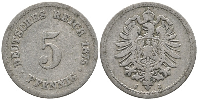 ГЕРМАНИЯ 5 ПФЕННИГОВ 1875 J, СТАРОГЕРБОВКА KM 3, J. 3 медно-никель 39-344