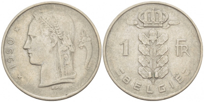 БЕЛЬГИЯ 1 ФРАНК 1950 BELGIE KM 143.1 медно-никель 3309-642