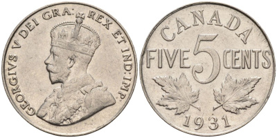 Канада 5 центов 1931 Георг V (1910-1936) KM 29 никель 4126-511