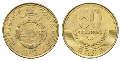 Коста-Рика 50 колонов 2002 KM 231.1a алюминиевая бронза UNC 183-1052