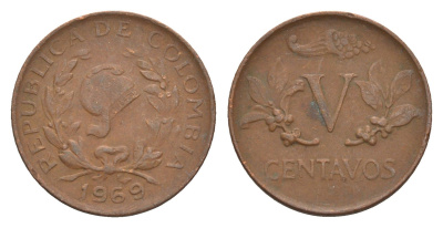 Колумбия 5 сентаво 1969 KM 206a сталь плакированная медью 4649-768