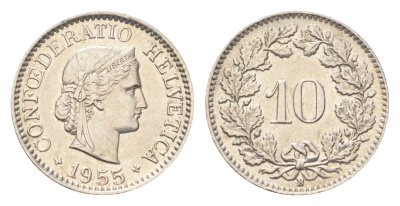 Швейцария 10 раппенов 1955 B KM 27 медно-никель 4708-168