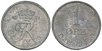 Дания 1 эре 1971 C; S, Фредерик IX (1947-1972) KM 839 цинк 211-212