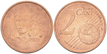 Франция 2 евроцента 2000 KM 1283 сталь плакированная медью 218-133