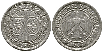 Германия 50 рейхспфеннигов 1928 A KM 49, J. 324 никель 4380-352