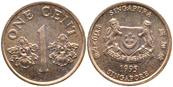 Сингапур 1 цент 1995 KM 98 цинк плакированный медью UNC 4392-121