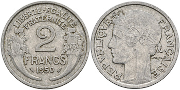 Франция 2 франка 1950 KM 886a, Le Franc 269.10 алюминий 4144-343