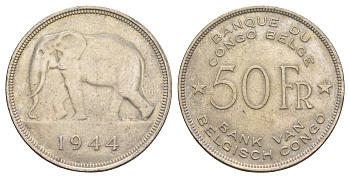 Бельгийское Конго 50 франков 1944 год-тип KM 27 серебро 413-3334