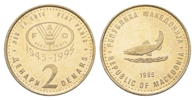 Македония 2 денара 1995 50 лет ФАО, серый цвет KM 6a медь цинк никель UNC 4699-136