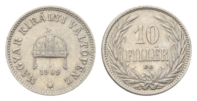 Венгрия 10 филлеров 1909 KB, Франц Иосиф I (1848-1916) KM 482 никель 4665-725