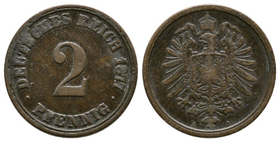 Германия 2 пфеннига 1877 А, старогербовка KM 2, J.2 медь 4364-2722