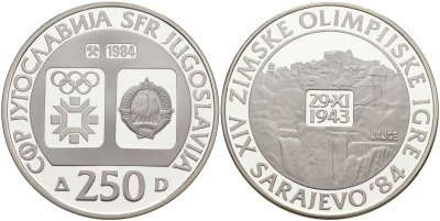 Югославия 250 динаров 1984 XIV зимние Олимпийские игры в Сараево 1984 года, ГОРОД ЯЙЦЕ 29 НОЯБРЯ 1943 KM 107 серебро PROOF 1087-10-33
