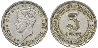 Британская Малайя 5 центов 1943 Георг VI (1937-1952) KM 3a серебро 53-135