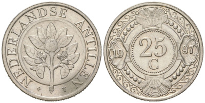 Нидерландские Антилы 25 центов 1997 KM 35 сталь плакированная никелем UNC 4167-217