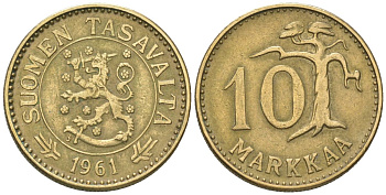 Финляндия 10 марок 1961 S KM 38 алюминиевая бронза 4169-731