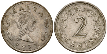 Мальта 2 цента 1977 Пентесилея, царица амазонок KM 9 медь цинк 4154-714