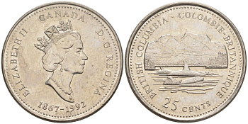 Канада 25 центов 1992 125 лет конфедерации, Елизавета II, Британская Колумбия KM 232 никель aUNC 4114-847