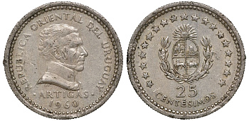 Уругвай 25 сентесимо 1960 KM 40 медно-никель 4169-848