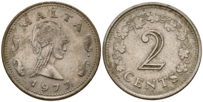 Мальта 2 цента 1977 Пентесилея, царица амазонок KM 9 медь цинк 4154-714