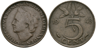 НИДЕРЛАНДЫ 5 ЦЕНТОВ 1948 ВИЛЬГЕЛЬМИНА KM 176 бронза 95-235