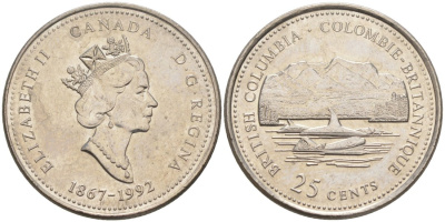 Канада 25 центов 1992 125 лет конфедерации, Елизавета II, Британская Колумбия KM 232 никель aUNC 4114-847