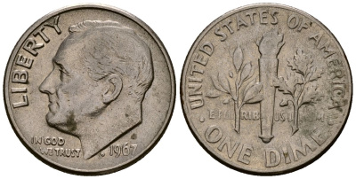 США 10 центов (дайм) 1967 Рузвельт KM 195a медь плакированная медно-никелем 4164-929