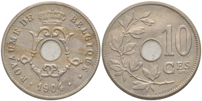 БЕЛЬГИЯ 10 САНТИМОВ 1904 BELGIQUE KM 52 медно-никель UNC 68-222