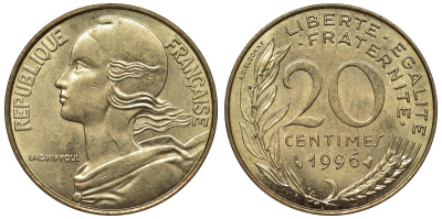 Франция 20 сантимов 1996 тип Marianne KM 930, Le Franc 156.40 медь алюминий никель 4128-237
