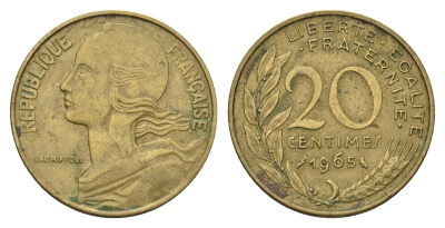 Франция 20 сантимов 1965 тип Marianne KM 930 медь алюминий никель 4681-654