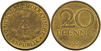 ГДР 20 пфеннигов 1969 A, первый год KM 11 латунь 98-124