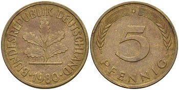 ФРГ 5 пфеннигов 1980 D KM 107 сталь плакированная латунью 4580-358