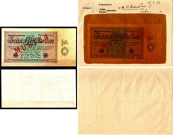 Германия 10000000000 марок 1923 15 сентября, MUSTER, образец, Specimen. В оригинальном банковском конверте. Из коллекции Отто Сейфферта (помощник Ялмара Шахта - министра экономики Германии и президента Рейхсбанка времен третьего рейха) Pick 116 s, Grabows