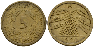 Германия 5 рейхспфеннигов 1924 A KM 39, J. 316 алюминиевая бронза 4602-267