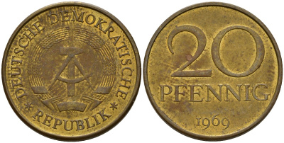 ГДР 20 пфеннигов 1969 A, первый год KM 11 латунь 98-124