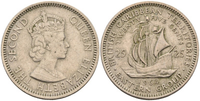 Британские Восточно-Карибские территории 25 центов 1964 Елизавета II (1952-2022), парусник KM 6 медно-никель 4591-145