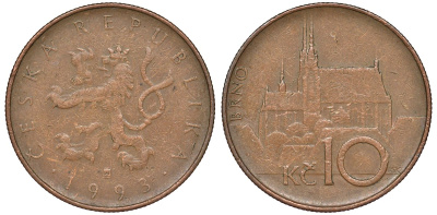Чехия 10 крон 1993 кафедральный собор, город Брно KM 4 сталь плакированная медью 51-2937
